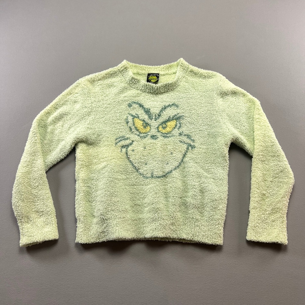 Mad Engine By The Grinch Dr Seuss Sweater Kids Large 10-12 Lime Green Fuzzy Knit